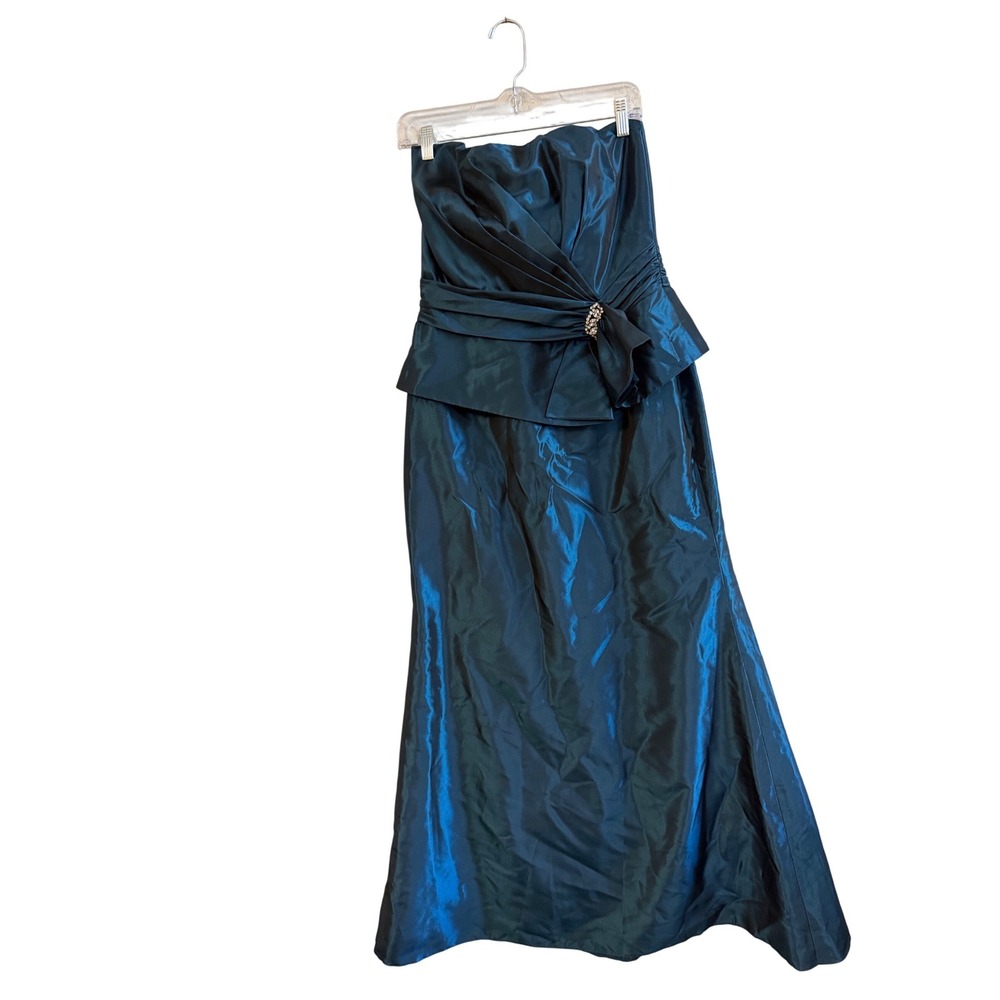 Belsoie Strapless Teal Satin Peplum Evening Gown Szโ 14 - Picture 2 of 11